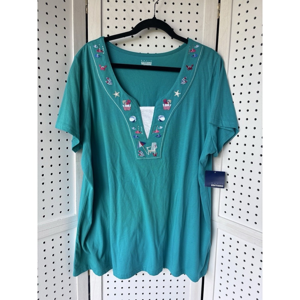 NWT Basic Editions Women's 2X Embroidered Beach Summer Picnic Short SLV‎ Tee